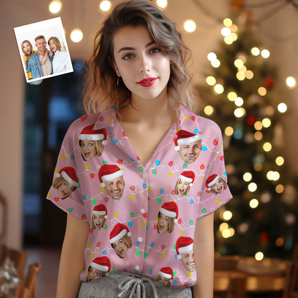Custom Face Women's Hawaiian Shirts Personalized Photo Christmas Family Xmas Leds Aloha Shirts - MyFaceSocksAu