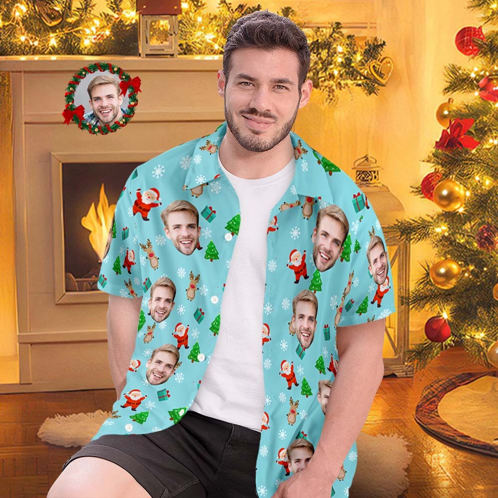 Custom Face Hawaiian Shirts Personalized Photo Gift Men's Christmas Shirts Cute Santa Claus and Reindeer - MyFaceSocksAu