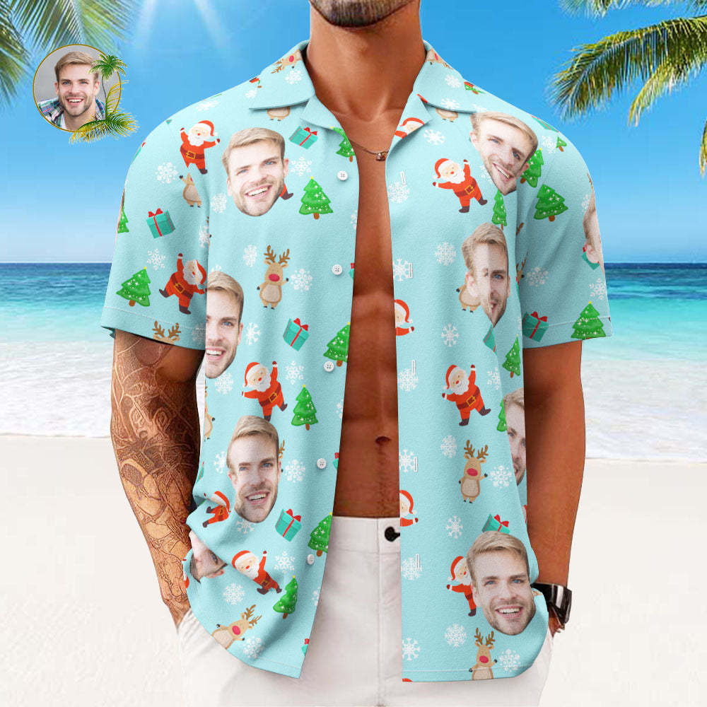 Custom Face Hawaiian Shirts Personalized Photo Gift Men's Christmas Shirts Cute Santa Claus and Reindeer - MyFaceSocksAu