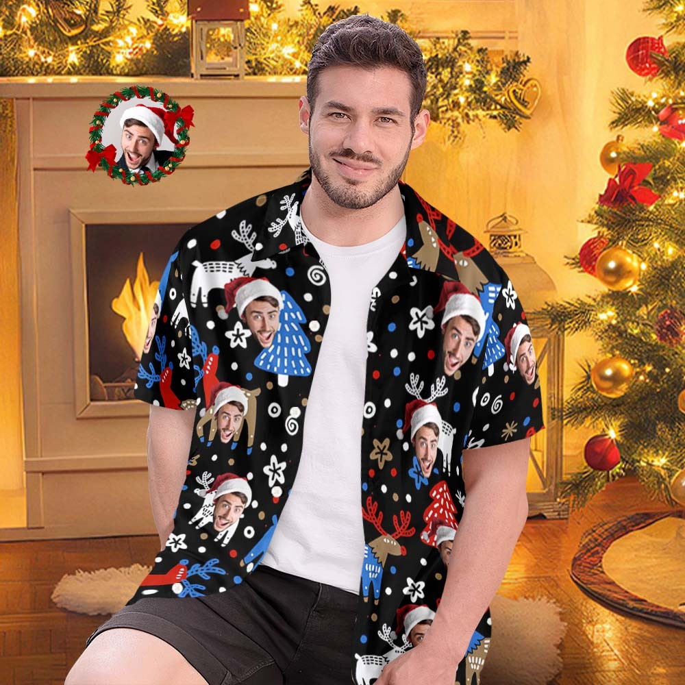 Custom Face Hawaiian Shirts Personalized Photo Gift Men's Christmas Shirts Christmas Reindeer - MyFaceSocksAu