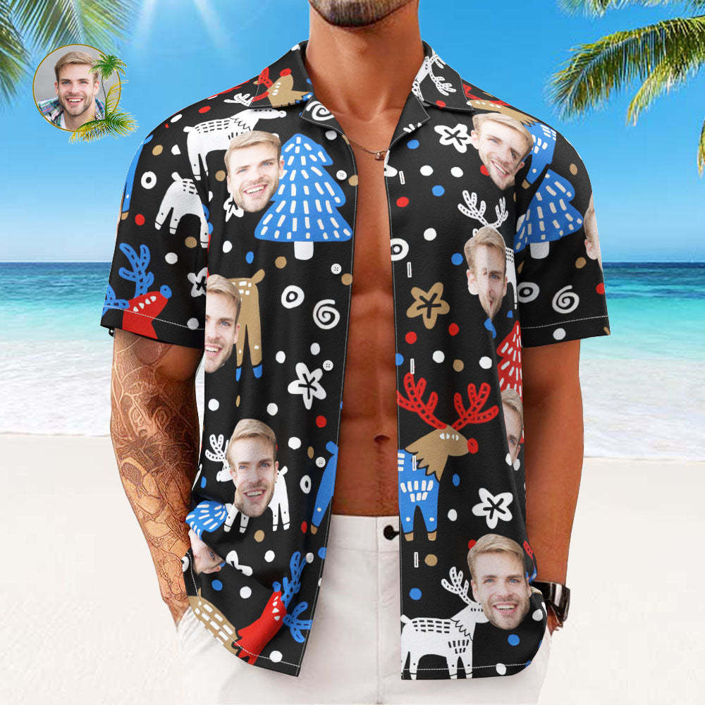 Custom Face Hawaiian Shirts Personalized Photo Gift Men's Christmas Shirts Christmas Reindeer - MyFaceSocksAu