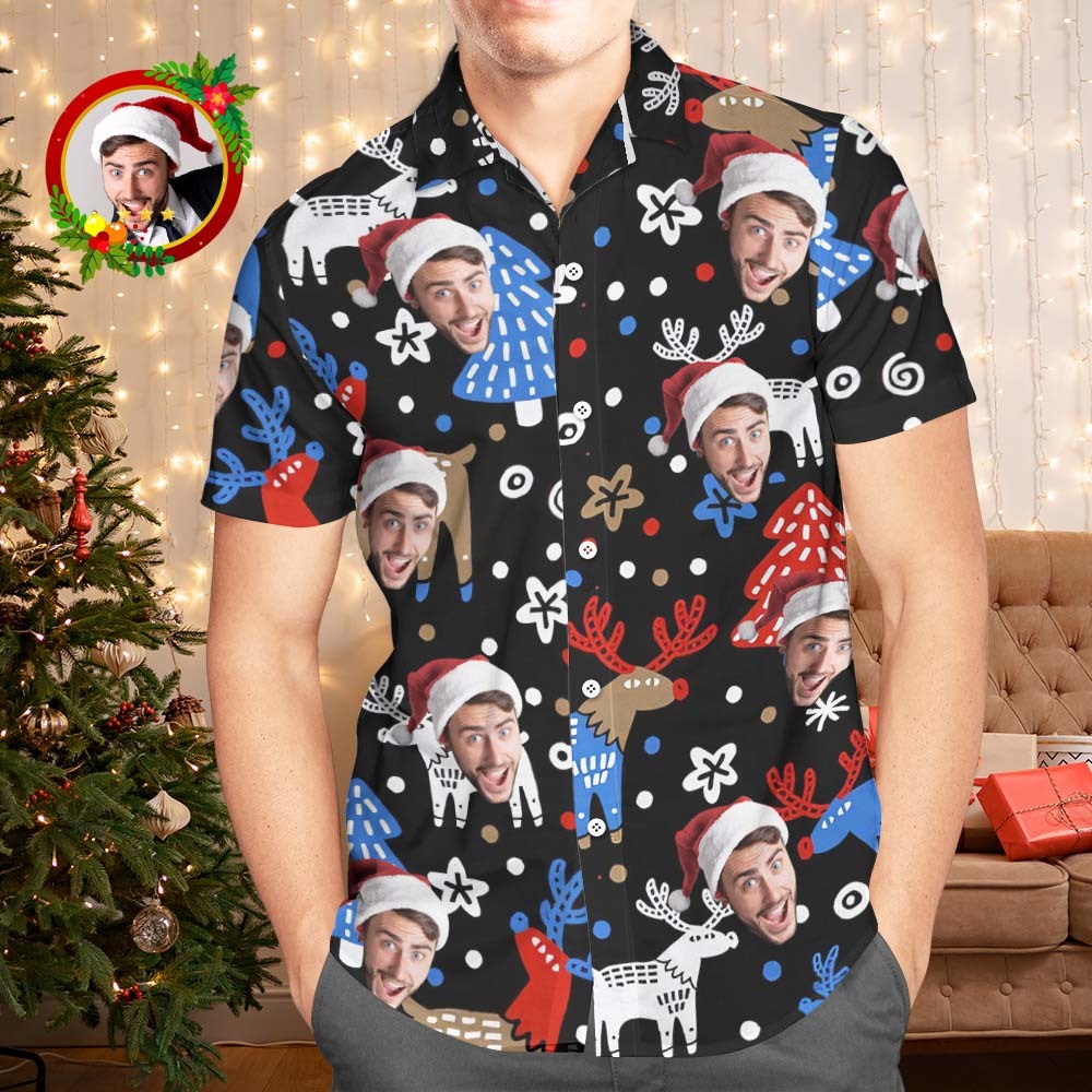 Custom Face Hawaiian Shirts Personalized Photo Gift Men's Christmas Shirts Christmas Reindeer - MyFaceSocksAu