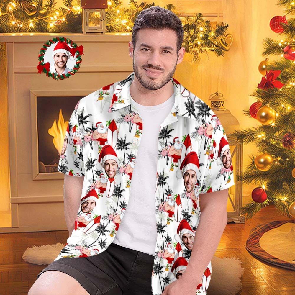 Custom Face Hawaiian Shirts Personalized Photo Gift Men's Christmas Shirts Vacation Santa and Flamingos - MyFaceSocksAu