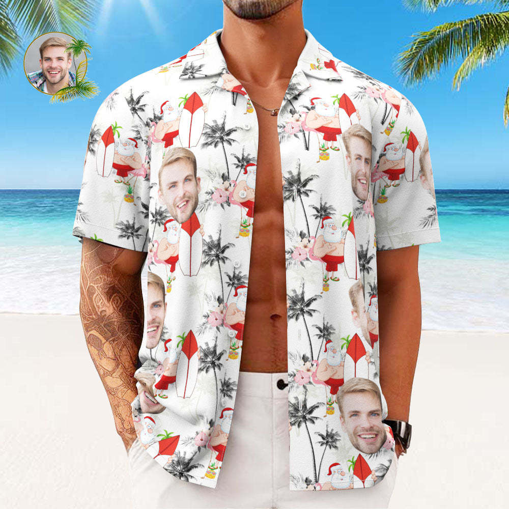 Custom Face Hawaiian Shirts Personalized Photo Gift Men's Christmas Shirts Vacation Santa and Flamingos - MyFaceSocksAu