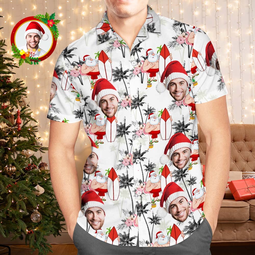 Custom Face Hawaiian Shirts Personalized Photo Gift Men's Christmas Shirts Vacation Santa and Flamingos - MyFaceSocksAu