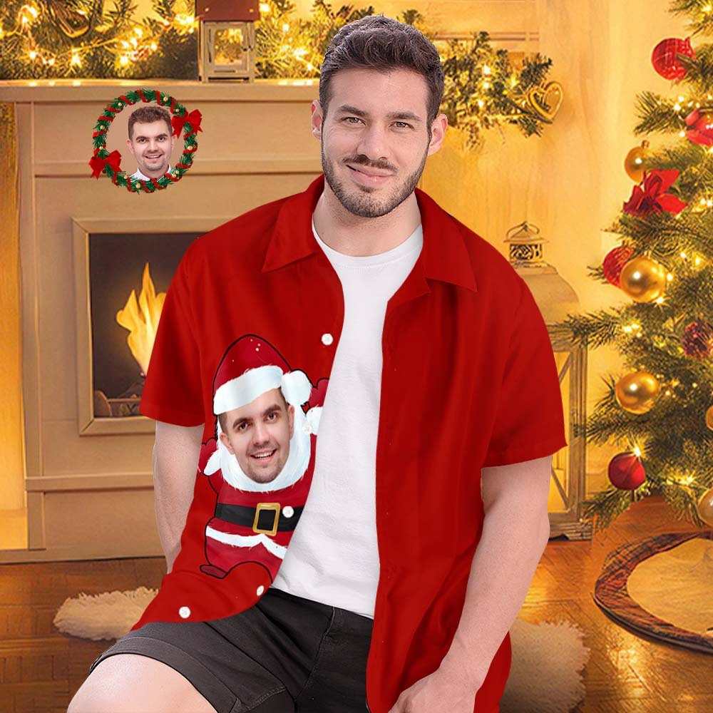 Custom Face Hawaiian Shirts Personalized Photo Gift Men's Christmas Shirts Santa Claus Red Shirt - MyFaceSocksAu