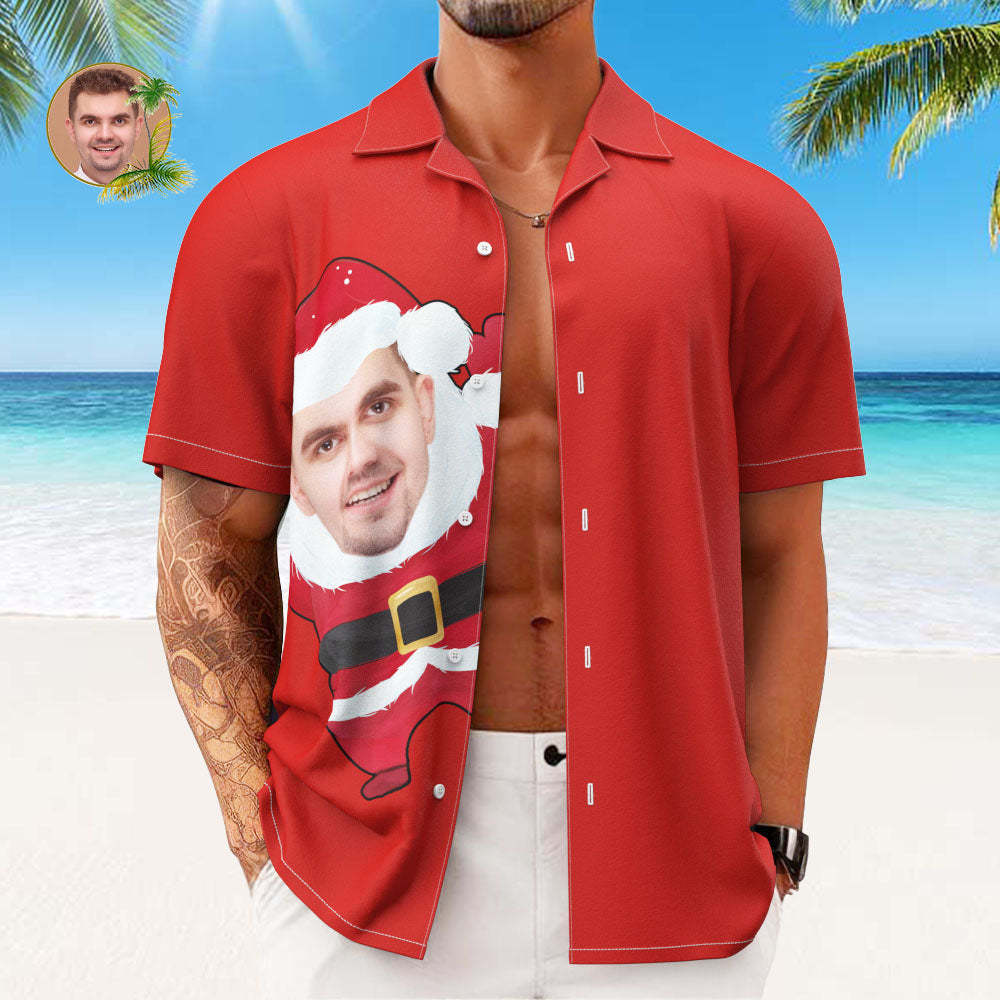 Custom Face Hawaiian Shirts Personalized Photo Gift Men's Christmas Shirts Santa Claus Red Shirt - MyFaceSocksAu