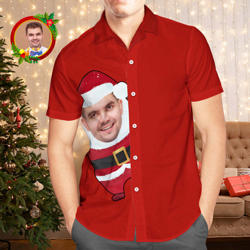Custom Face Hawaiian Shirts Personalized Photo Gift Men's Christmas Shirts Santa Claus Red Shirt - MyFaceSocksAu