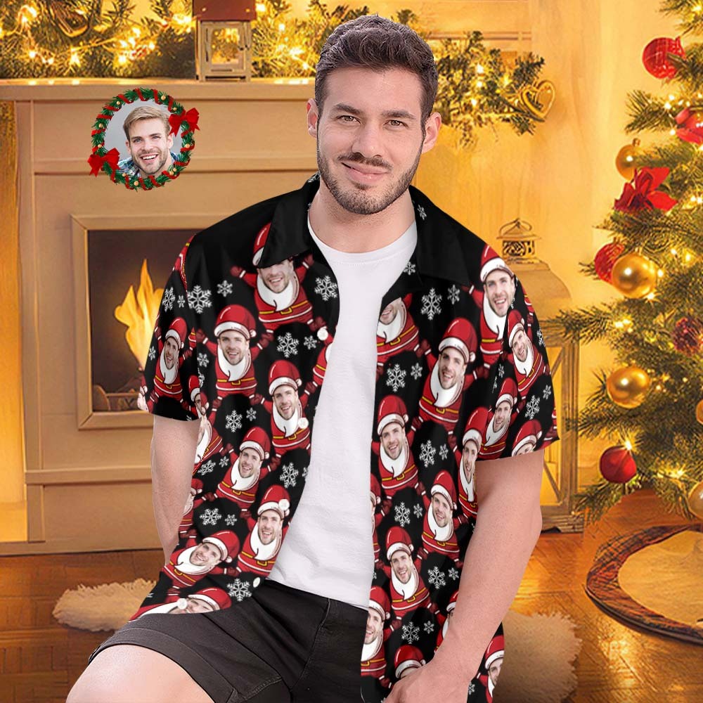 Custom Face Hawaiian Shirts Personalized Photo Gift Men's Christmas Shirts Santa Claus and Snowflake - MyFaceSocksAu