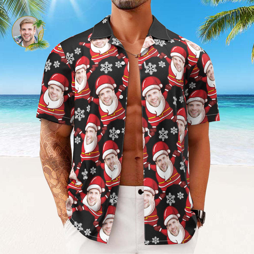 Custom Face Hawaiian Shirts Personalized Photo Gift Men's Christmas Shirts Santa Claus and Snowflake - MyFaceSocksAu