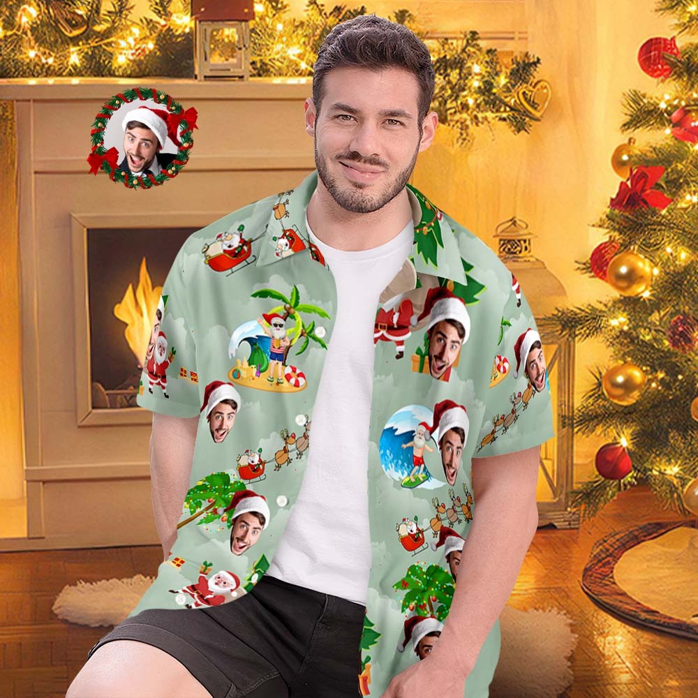 Custom Face Hawaiian Shirts Personalized Photo Gift Men's Christmas Shirts Surfing Vacation Santa - MyFaceSocksAu