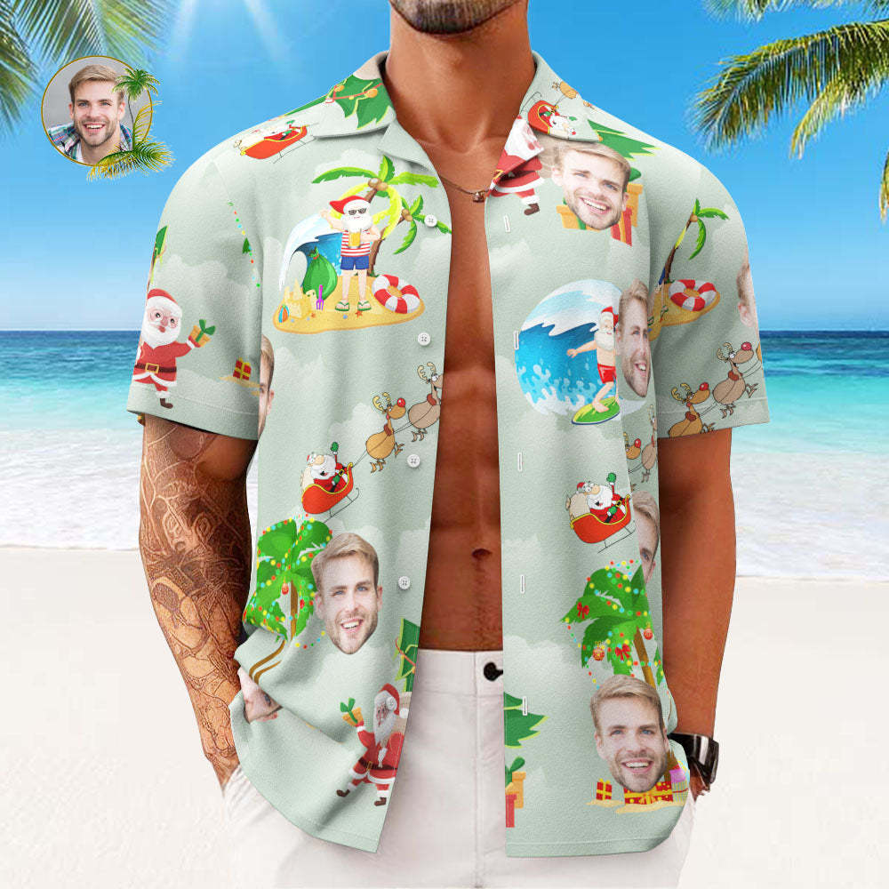 Custom Face Hawaiian Shirts Personalized Photo Gift Men's Christmas Shirts Surfing Vacation Santa - MyFaceSocksAu