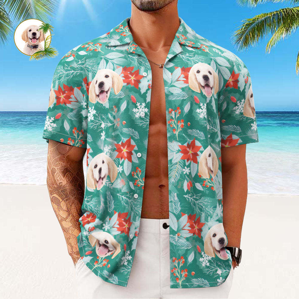 Custom Face Hawaiian Shirts Personalized Photo Gift Men's Christmas Shirts Hawaiian Leaves Green - MyFaceSocksAu