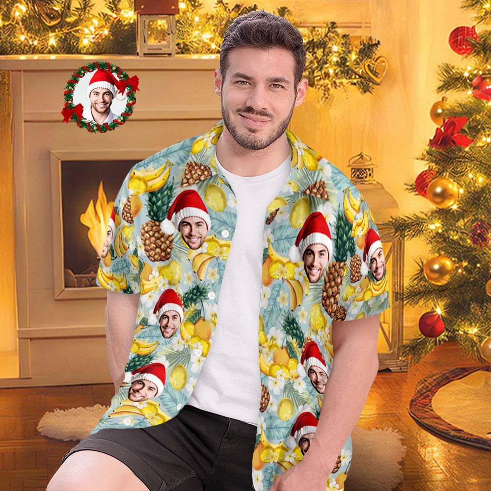 Custom Face Hawaiian Shirts Personalized Photo Gift Men's Christmas Shirts Tropical Fruits - MyFaceSocksAu