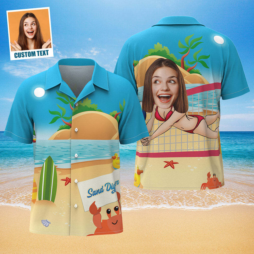 Custom Face Hawaiian Shirt Personalized Text Sand Digger Gifts For Volleyball Lovers - MyFaceSocksAu