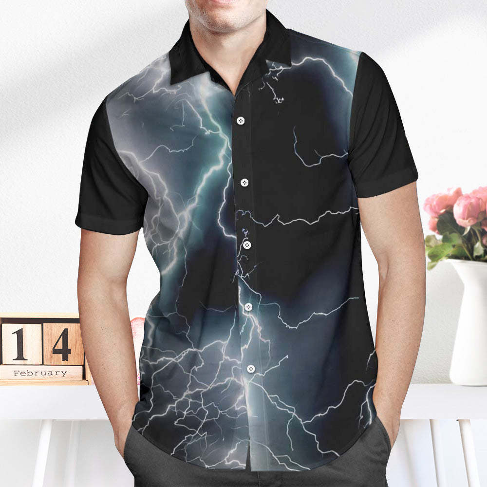 Custom Photo and Text Hawaiian Shirts Personalized Photo Gift Men's Vintage Personality Lightning Shirts Valentines Day Gift - MyFaceSocksAu