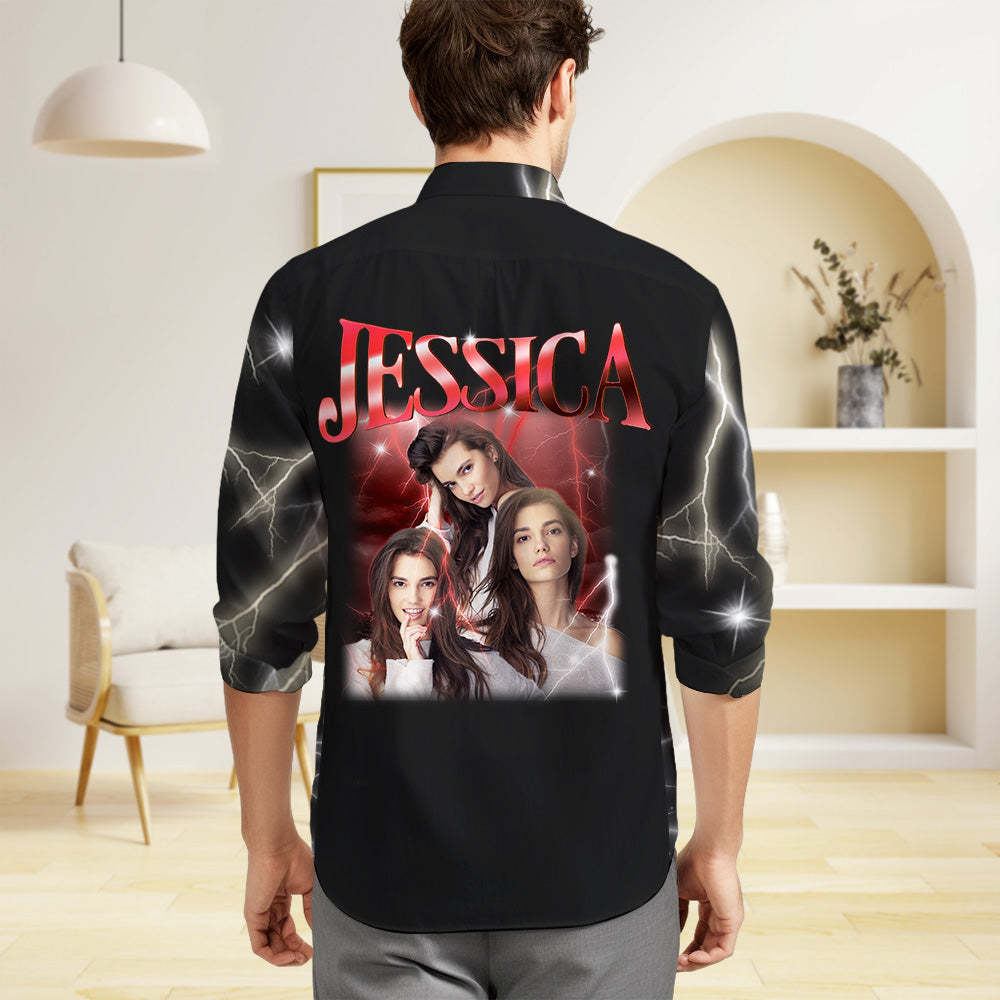Custom Photo and Text Long Sleeve Shirts Personalized Photo Gift Men's Vintage Personality Lightning Shirts - MyFaceSocksAu