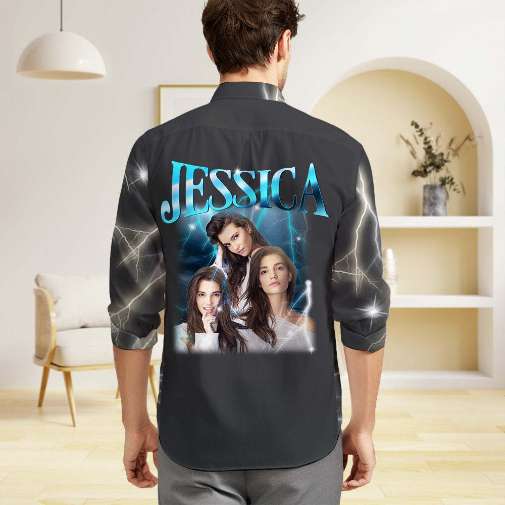 Custom Photo and Text Long Sleeve Shirts Personalized Photo Gift Men's Vintage Personality Lightning Shirts - MyFaceSocksAu