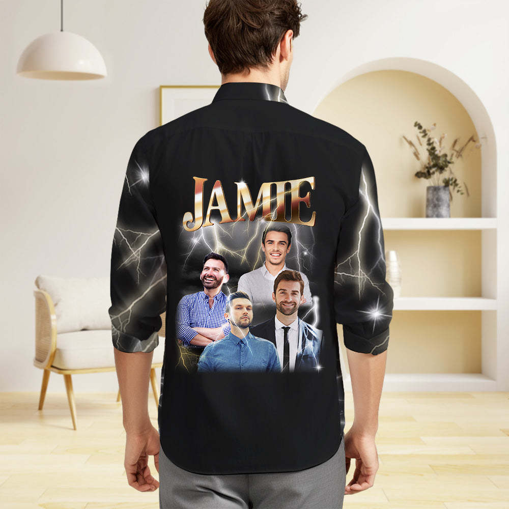 Custom Photo and Text Long Sleeve Shirts Personalized Photo Gift Men's Vintage Personality Lightning Shirts - MyFaceSocksAu