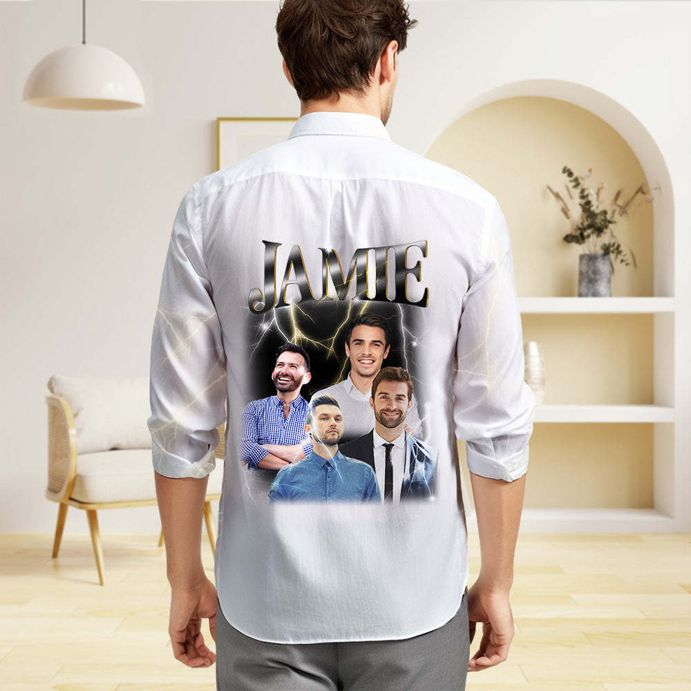 Custom Photo and Text Long Sleeve Shirts Personalized Photo Gift Men's Vintage Personality Lightning Shirts - MyFaceSocksAu