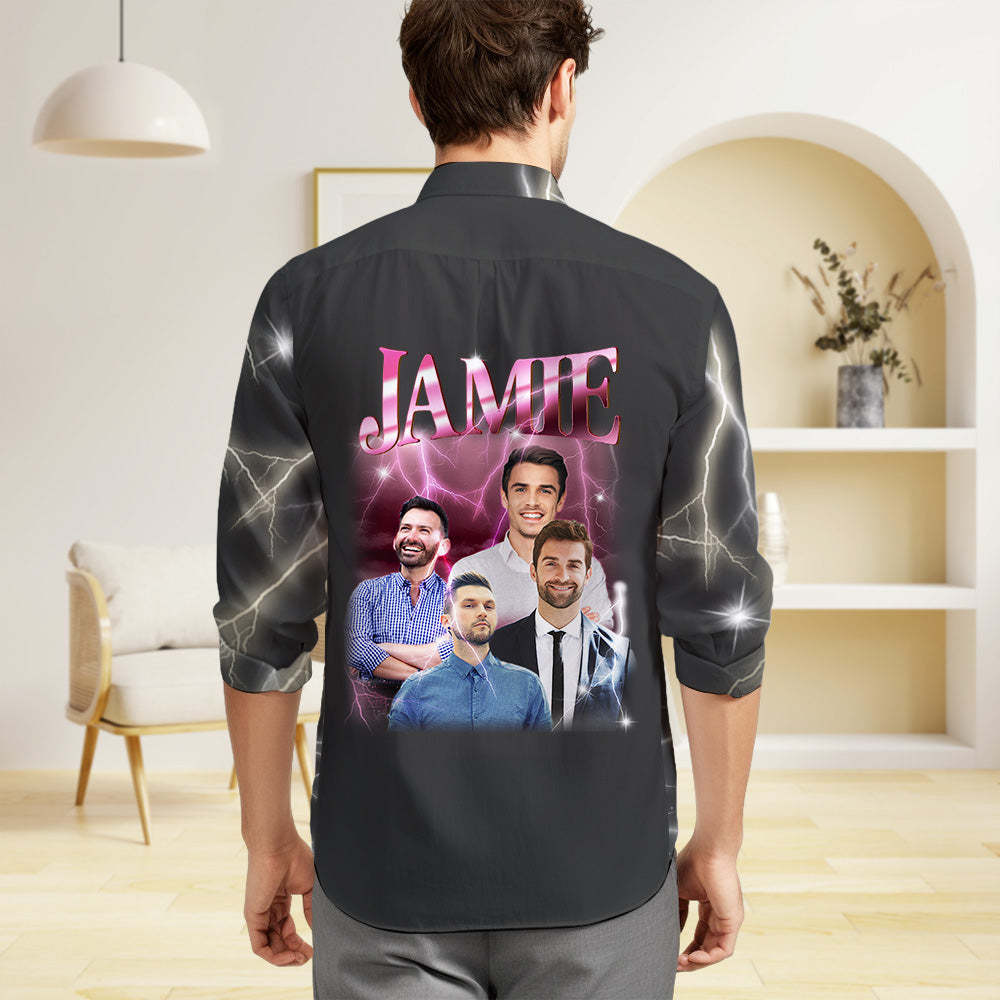 Custom Photo and Text Long Sleeve Shirts Personalized Photo Gift Men's Vintage Personality Lightning Shirts - MyFaceSocksAu