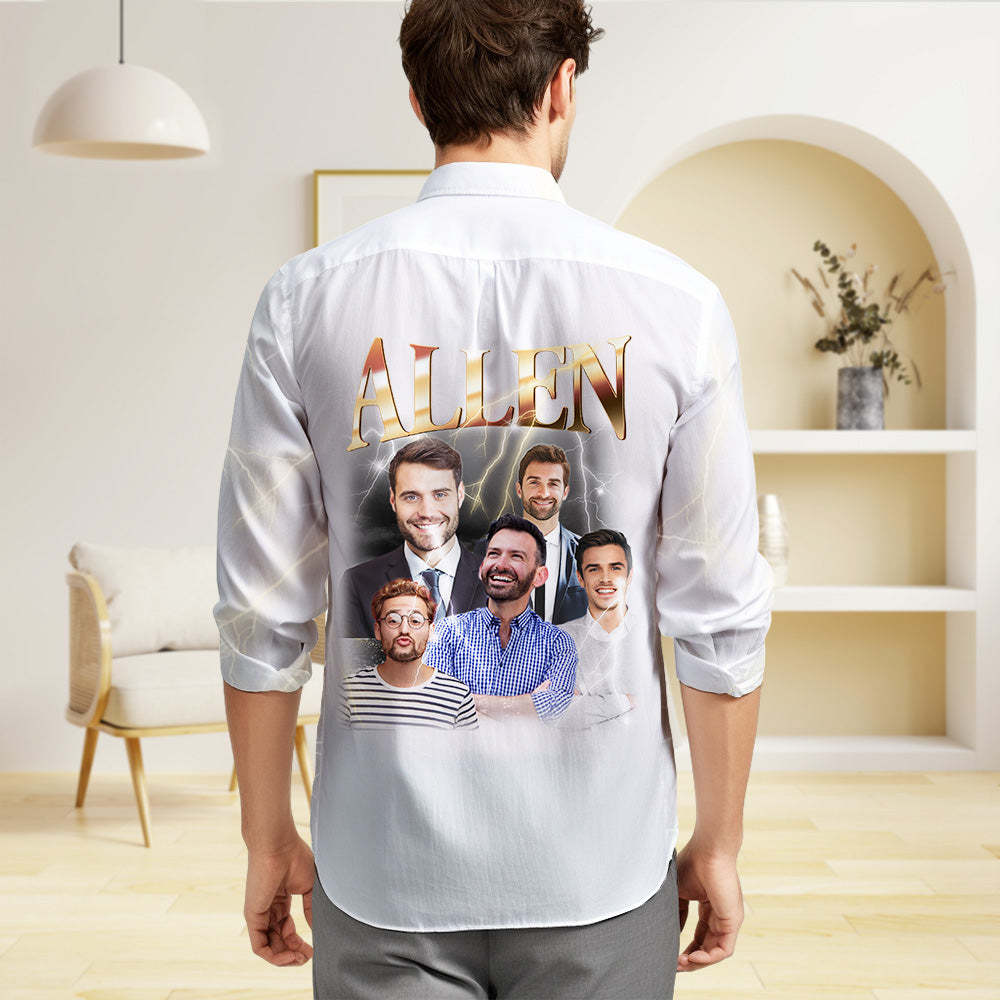 Custom Photo and Text Long Sleeve Shirts Personalized Photo Gift Men's Vintage Personality Lightning Shirts - MyFaceSocksAu