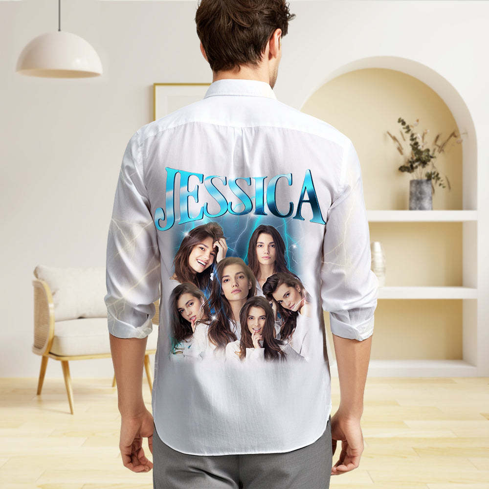 Custom Photo and Text Long Sleeve Shirts Personalized Photo Gift Men's Vintage Personality Lightning Shirts - MyFaceSocksAu