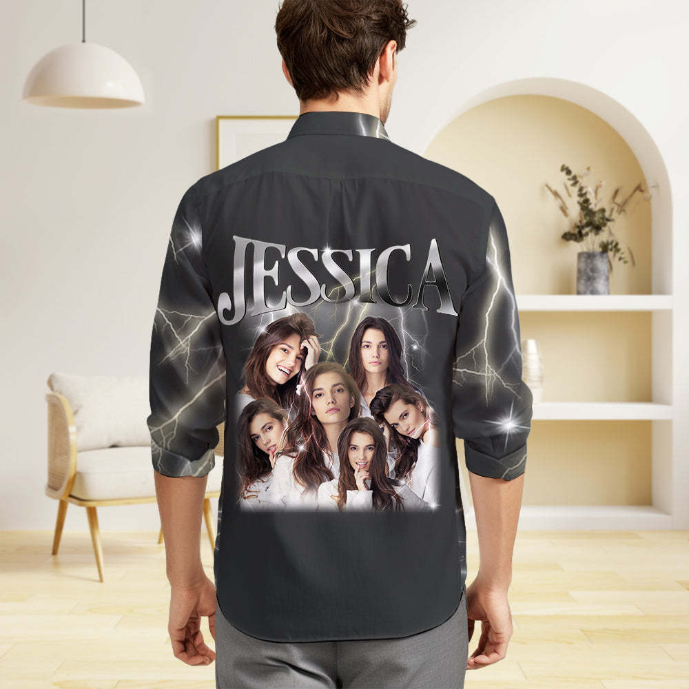 Custom Photo and Text Long Sleeve Shirts Personalized Photo Gift Men's Vintage Personality Lightning Shirts - MyFaceSocksAu