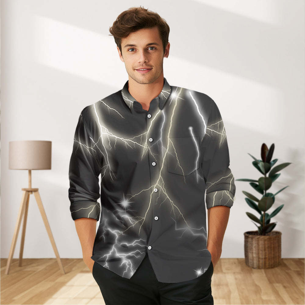 Custom Photo and Text Long Sleeve Shirts Personalized Photo Gift Men's Vintage Personality Lightning Shirts - MyFaceSocksAu