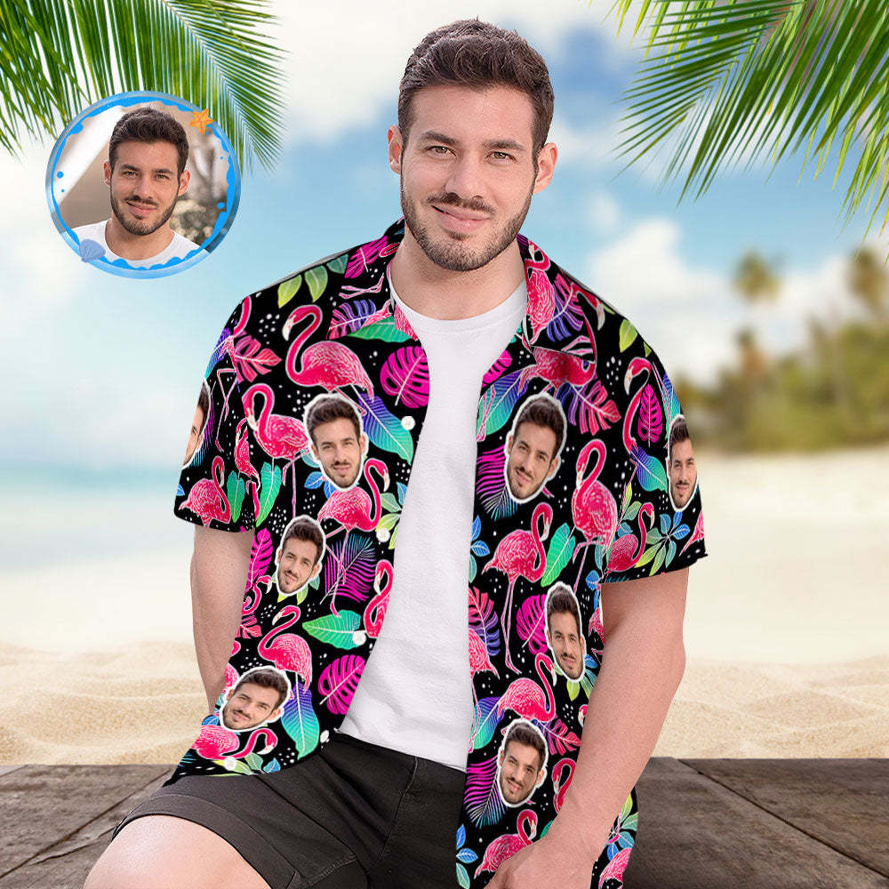 Custom Face Hawaiian Shirt All Over Print Personalized Black Shirt - Flamingo - MyFaceSocksAu