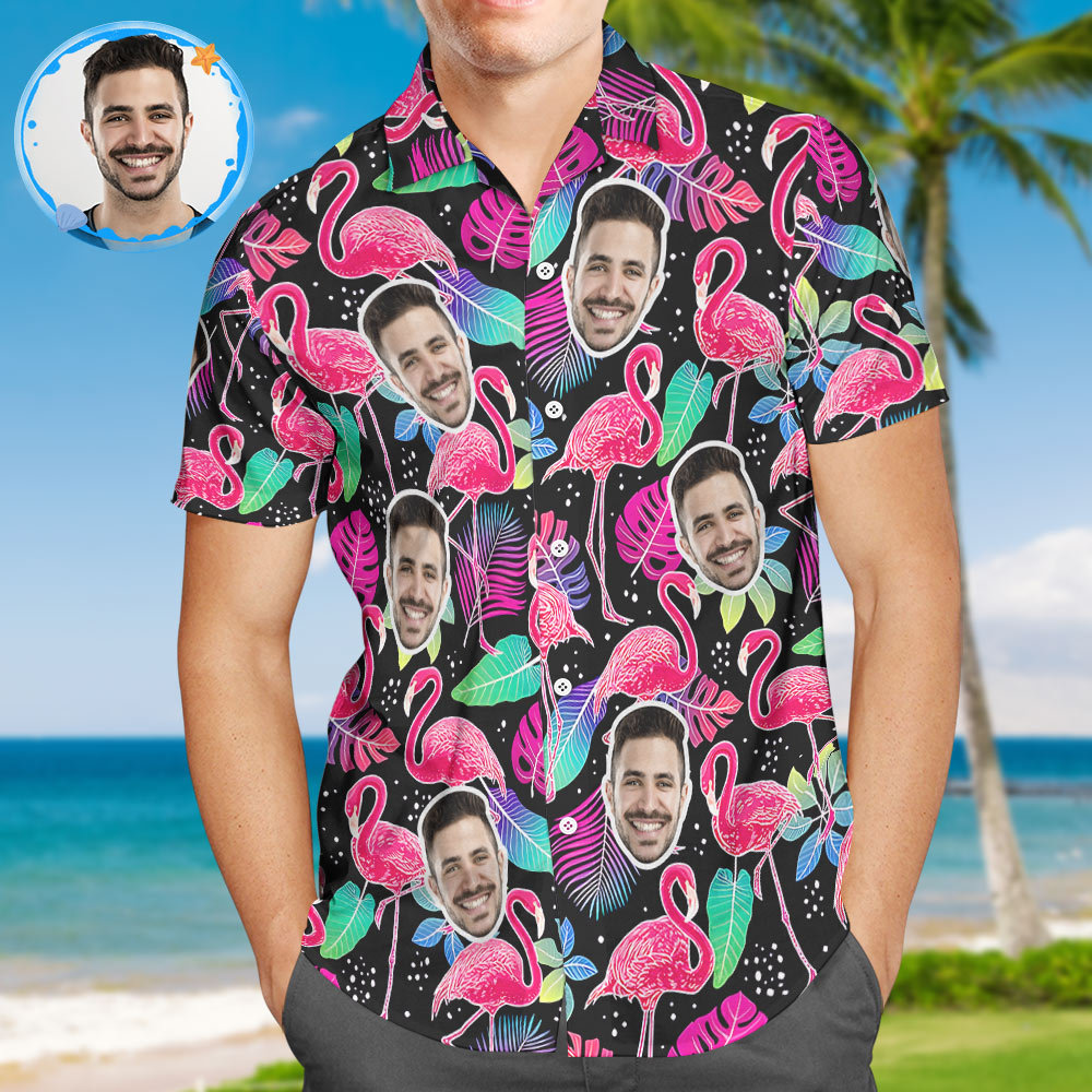 Custom Face Hawaiian Shirt All Over Print Personalized Black Shirt - Flamingo - MyFaceSocksAu