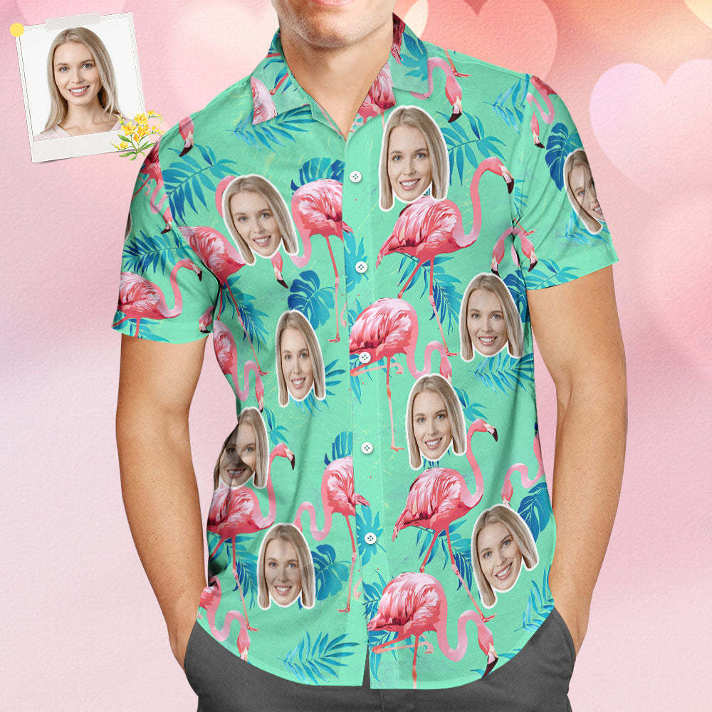 Custom Face Hawaiian Shirt Flamingo Tropical Shirt Couple Outfit ALL Over Printed Green and Palm Leaves - MyFaceSocksAu