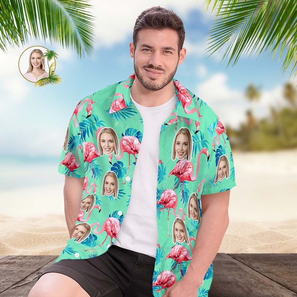 Custom Face Hawaiian Shirt Flamingo Tropical Shirt Couple Outfit ALL Over Printed Green and Palm Leaves - MyFaceSocksAu