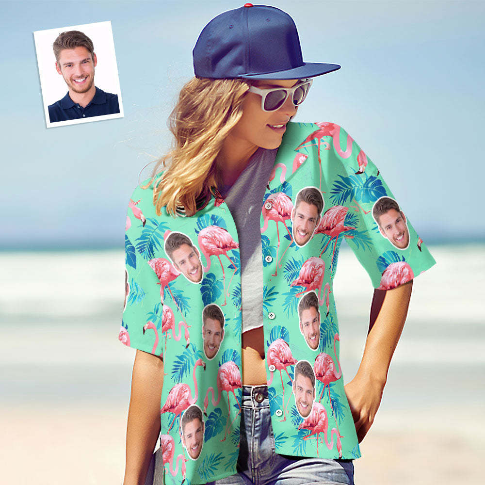 Custom Face Hawaiian Shirt Flamingo Tropical Shirt For Women ALL Over Printed Green and Palm Leaves - MyFaceSocksAu