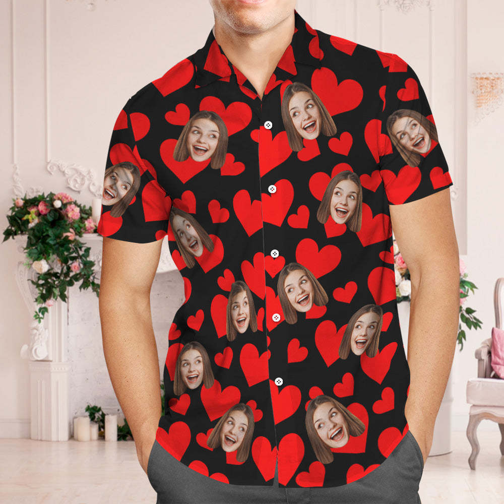 Custom Face Hawaiian Shirt Flamingo Tropical Shirt Couple Outfit Red Hearts Valentine's Day Gifts for Couple - MyFaceSocksAu