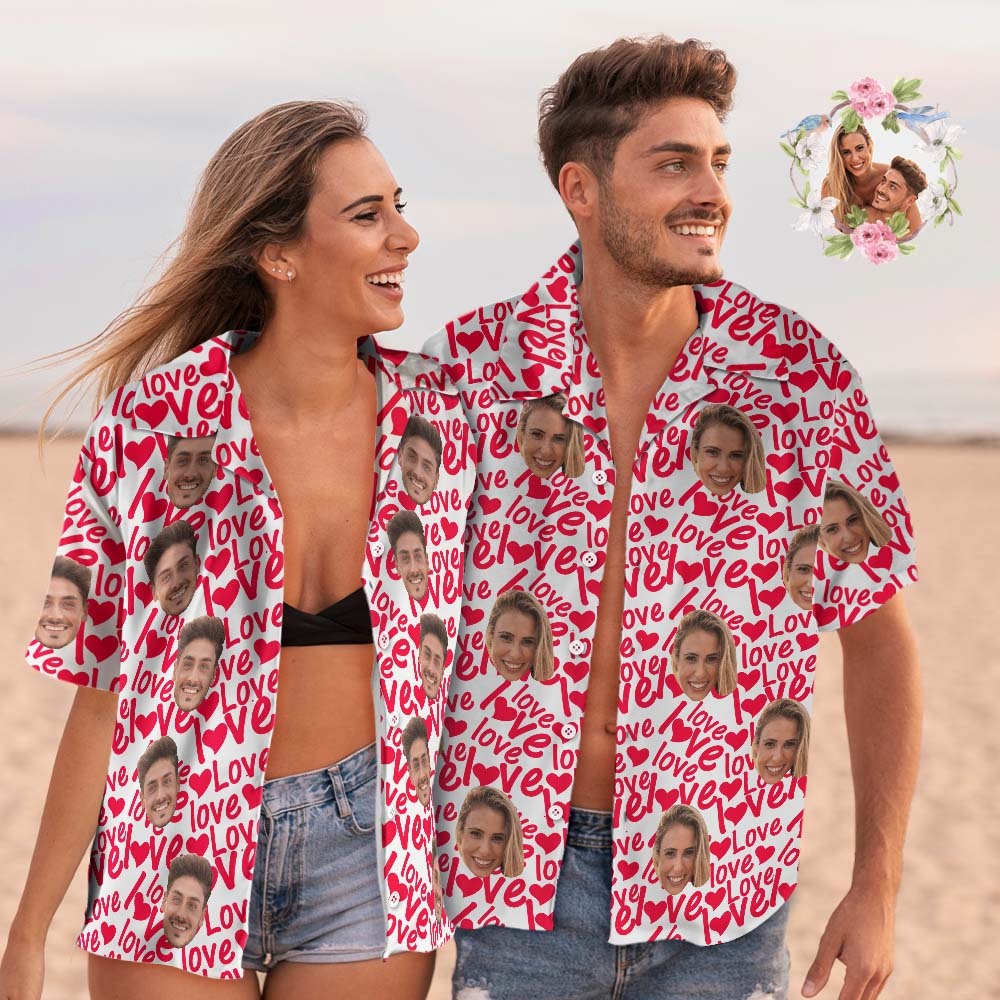 Custom Face Hawaiian Shirt Shirt Couple Outfit ALL Over Printed Love Shirt Valentine's Day Gifts - MyFaceSocksAu