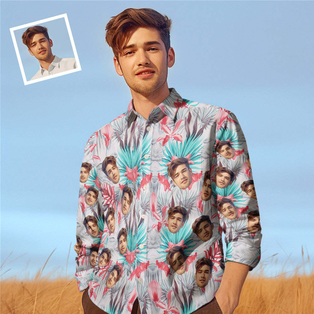 Custom Photo Long Sleeve Shirts Personalized Photo Gift Men's Valentine's Day Gift - Tropical Flower - MyFaceSocksAu