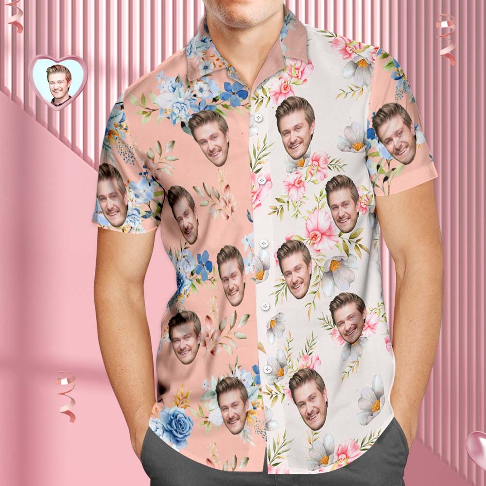 Custom Face Hawaiian Shirt Shirt Couple Outfit Patchwork Printing Shirt Valentine's Day Gifts - MyFaceSocksAu