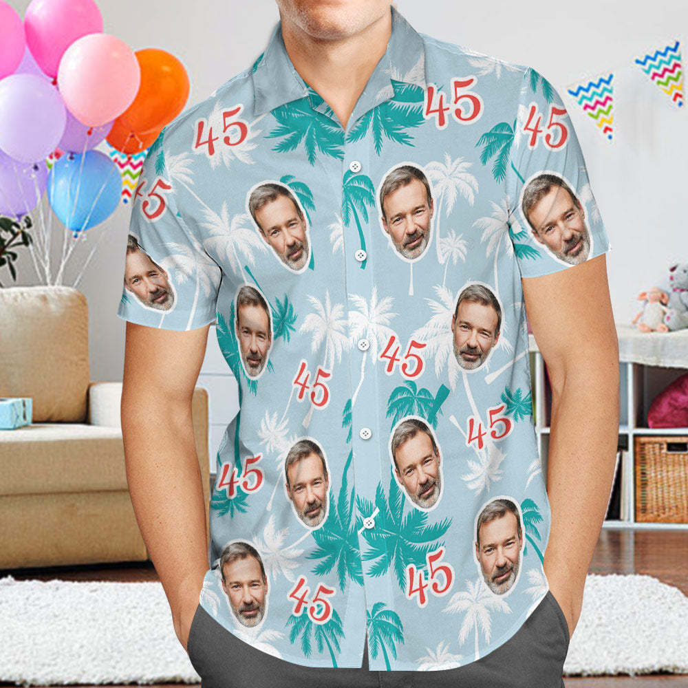 Custom Face And Number Birthday Hawaiian Shirts Father's Day Birthday Present Red And White Coconut Tree Shirt - MyFaceSocksAu