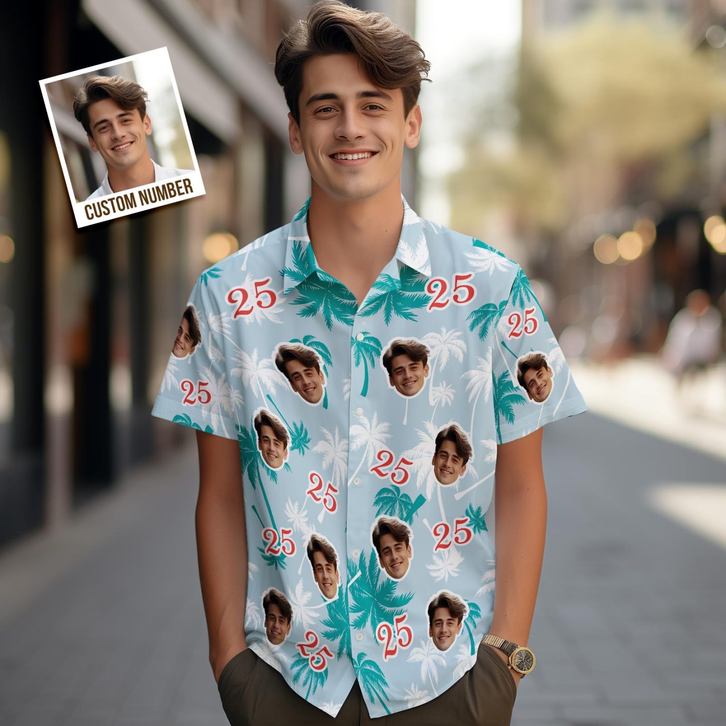 Custom Face And Number Father's Day Birthday Present Hawaiian Shirts Coconut Tree Shirt - MyFaceSocksAu