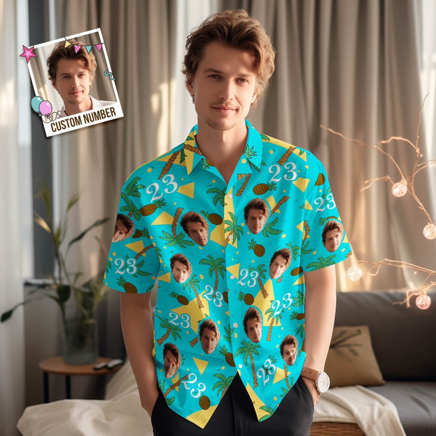 Custom Face and Numbers Hawaiian Shirt Father's Day Birthday Present Coconut Tree and Pineapple Gifts - MyFaceSocksAu