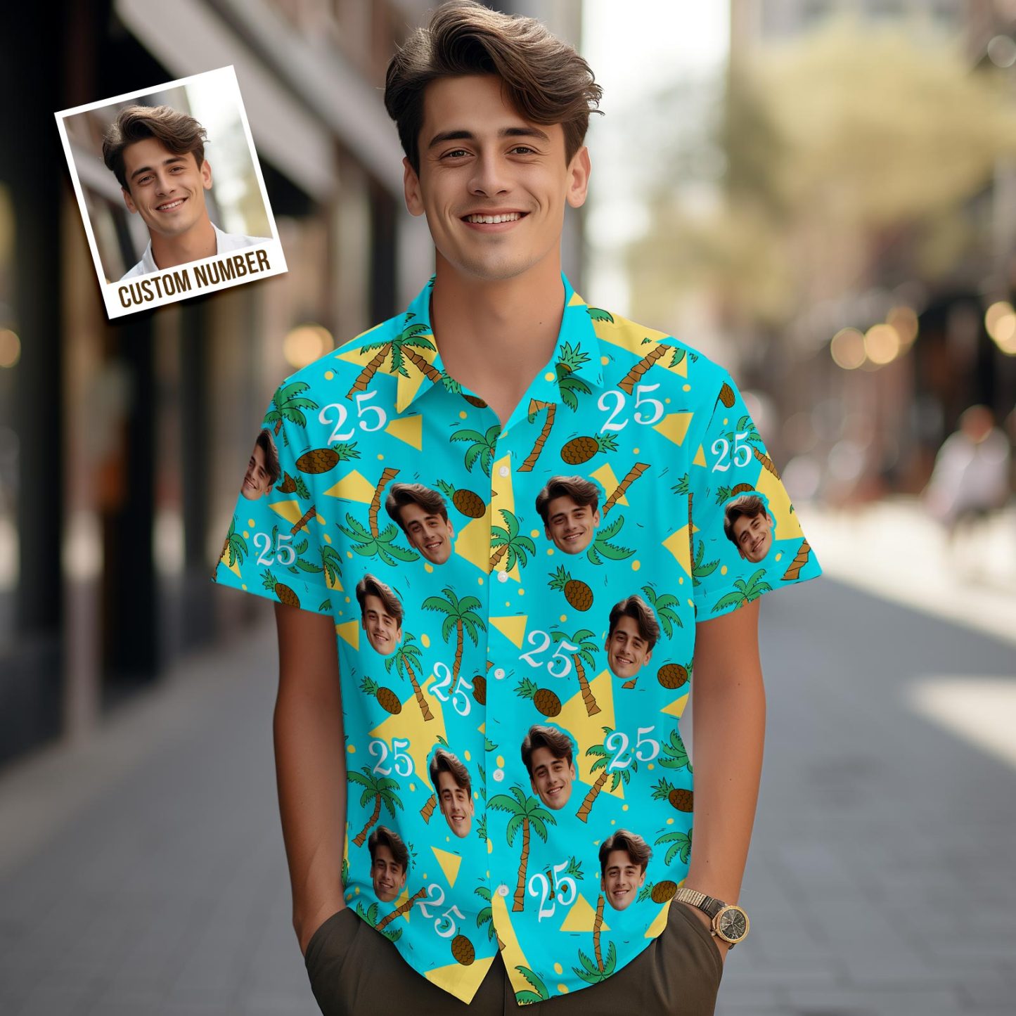 Custom Multi-color Face and Numbers Hawaiian Shirt Coconut Tree and Pineapple Gift for Men - MyFaceSocksAu