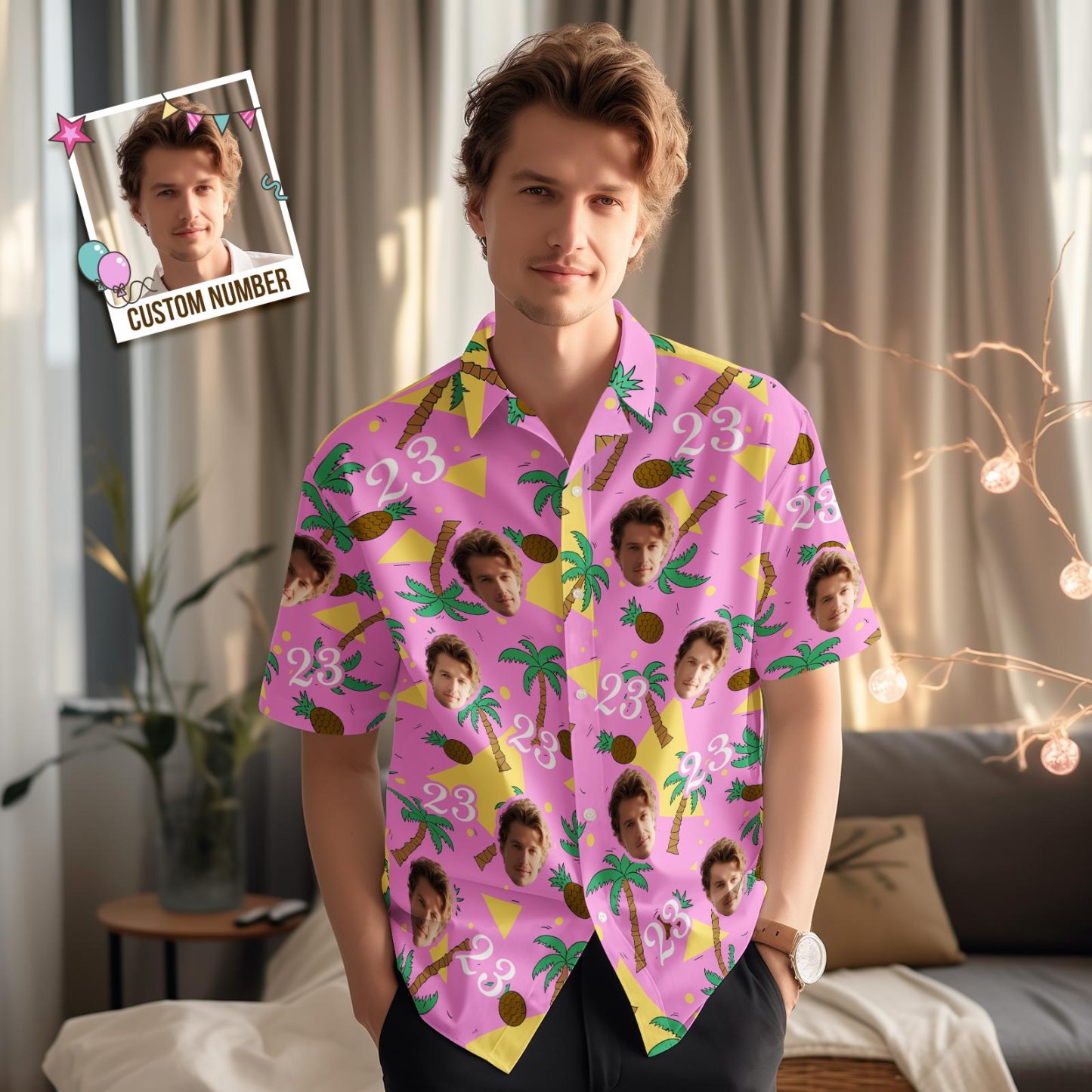 Custom Multi-color Face and Numbers Hawaiian Shirt Coconut Tree and Pineapple Gift for Men - MyFaceSocksAu