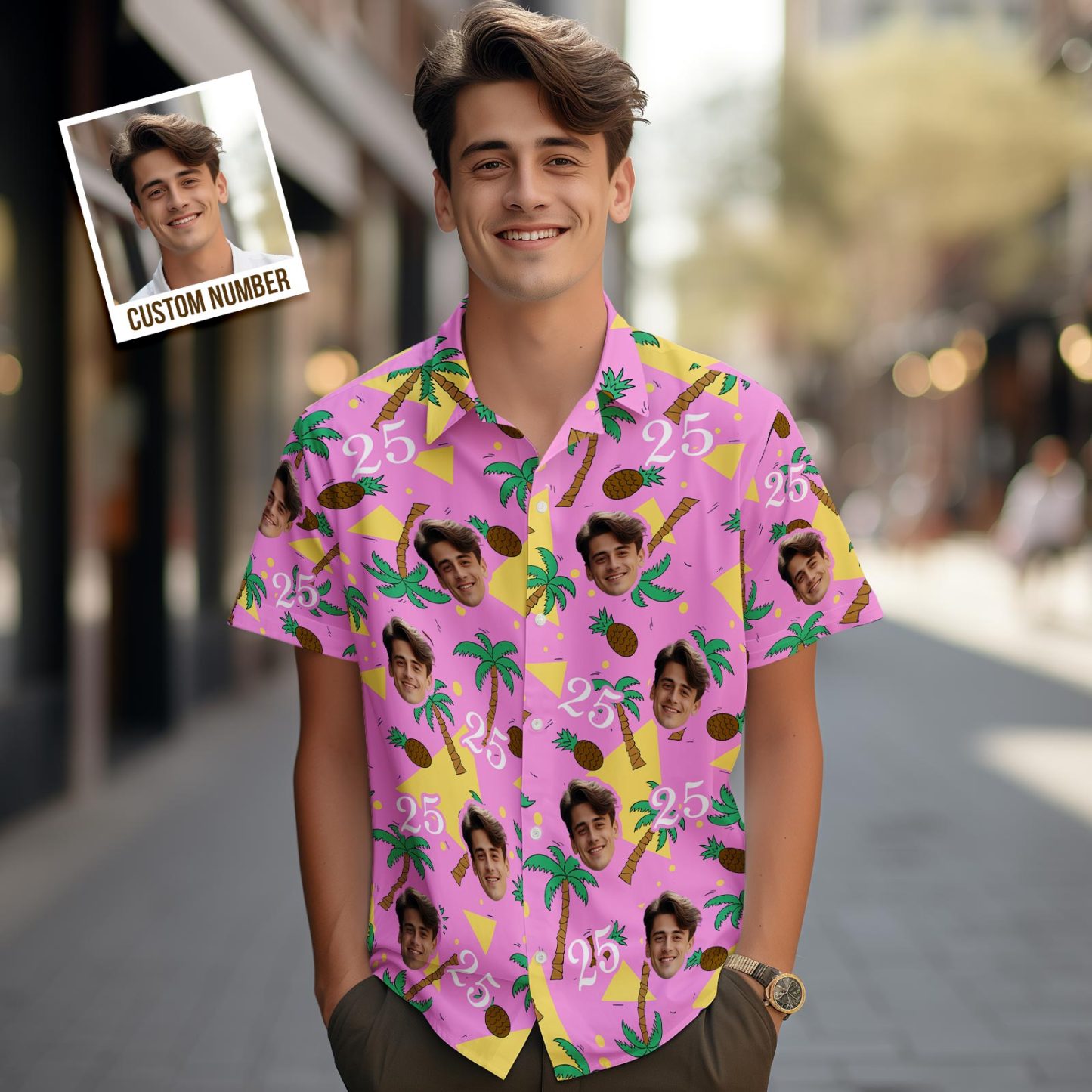 Custom Multi-color Face and Numbers Hawaiian Shirt Coconut Tree and Pineapple Gifts - MyFaceSocksAu