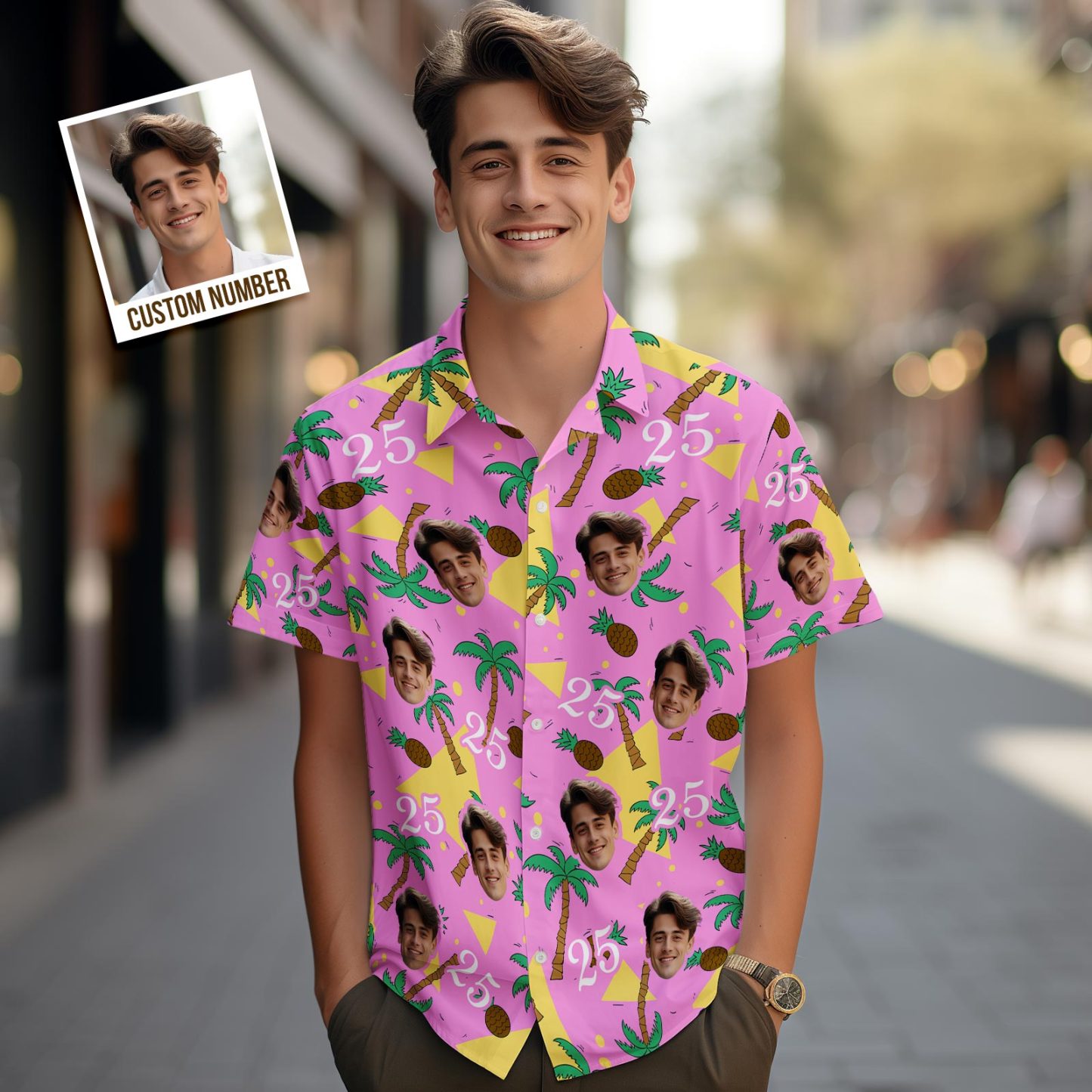 Custom Face and Numbers Hawaiian Shirt Father's Day Birthday Present Coconut Tree and Pineapple Gifts - MyFaceSocksAu