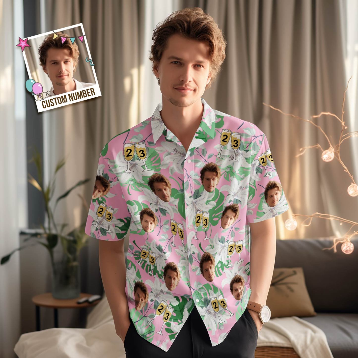 Custom Face Hawaiian Shirt Number in Wine Glass Pink And Green Sleeves Face Hawaiian Shirt Gift for Him - MyFaceSocksAu