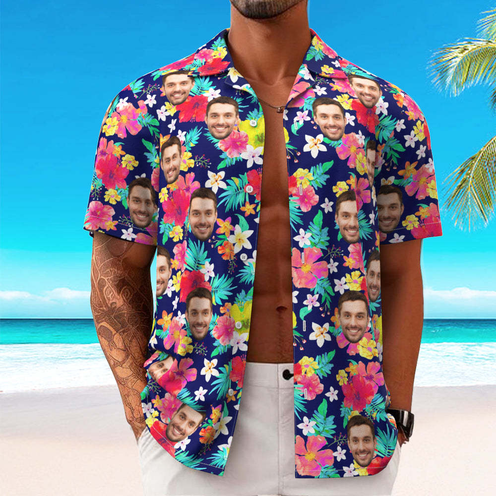 Custom Hawaiian Shirt for Men Personalised Short Sleeves Shirt with Picture Face Photo Printed Hawaii Shirt Colorful Flower - MyFaceSocksAu