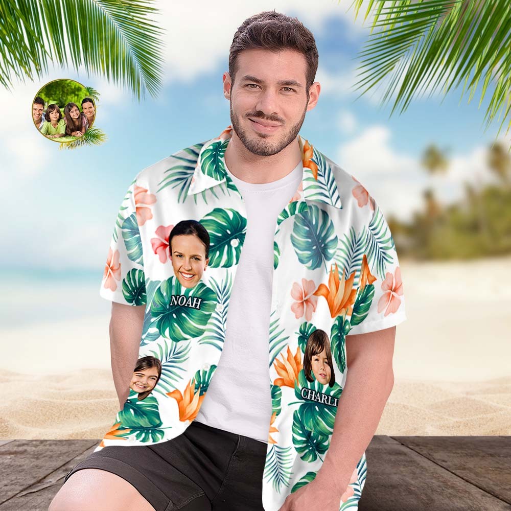 Custom Multi Photo Face And Text Hawaiian Shirt With Palm Leaves And Colorful Flowers - MyFaceSocksAu