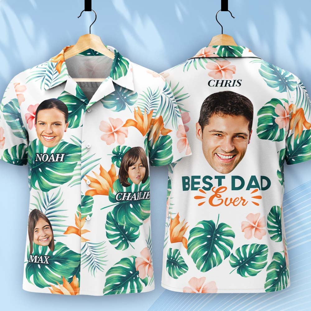 Custom Multi Photo Face And Text Hawaiian Shirt With Palm Leaves And Colorful Flowers - MyFaceSocksAu