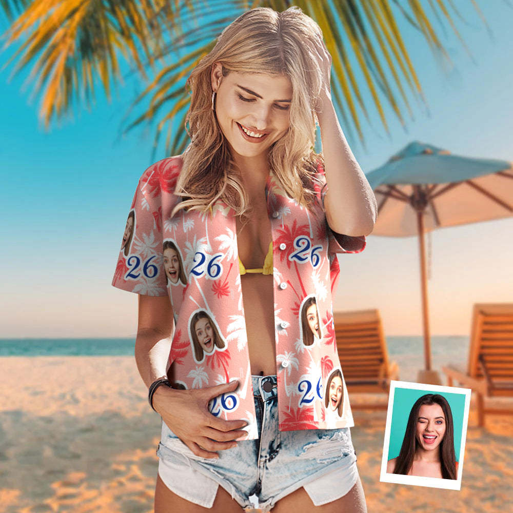 Custom Face And Number Birthday Hawaiian Shirts Red And White Coconut Tree Shirts Birthday Gift For Women - MyFaceSocksAu